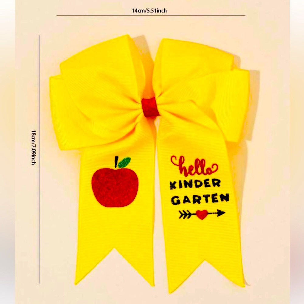 🍎🖍️✏️ “HELLO KINDERGARTEN” YELLOW KINDERGARTEN BOW WITH 🍎 RED APPLE DESIGN❗️ - Picture 3 of 4